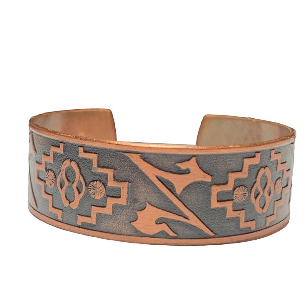 Vintage WHEELER Mfg Co WM Copper‎ South Western Themed Etched Cuff Bracelet